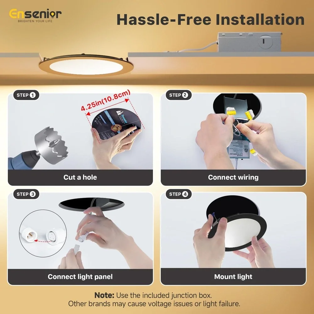 Ensenior 6 Pack 4 Inch LED Recessed Light Dimmable 5CCT 2700K-5000K 9W Black